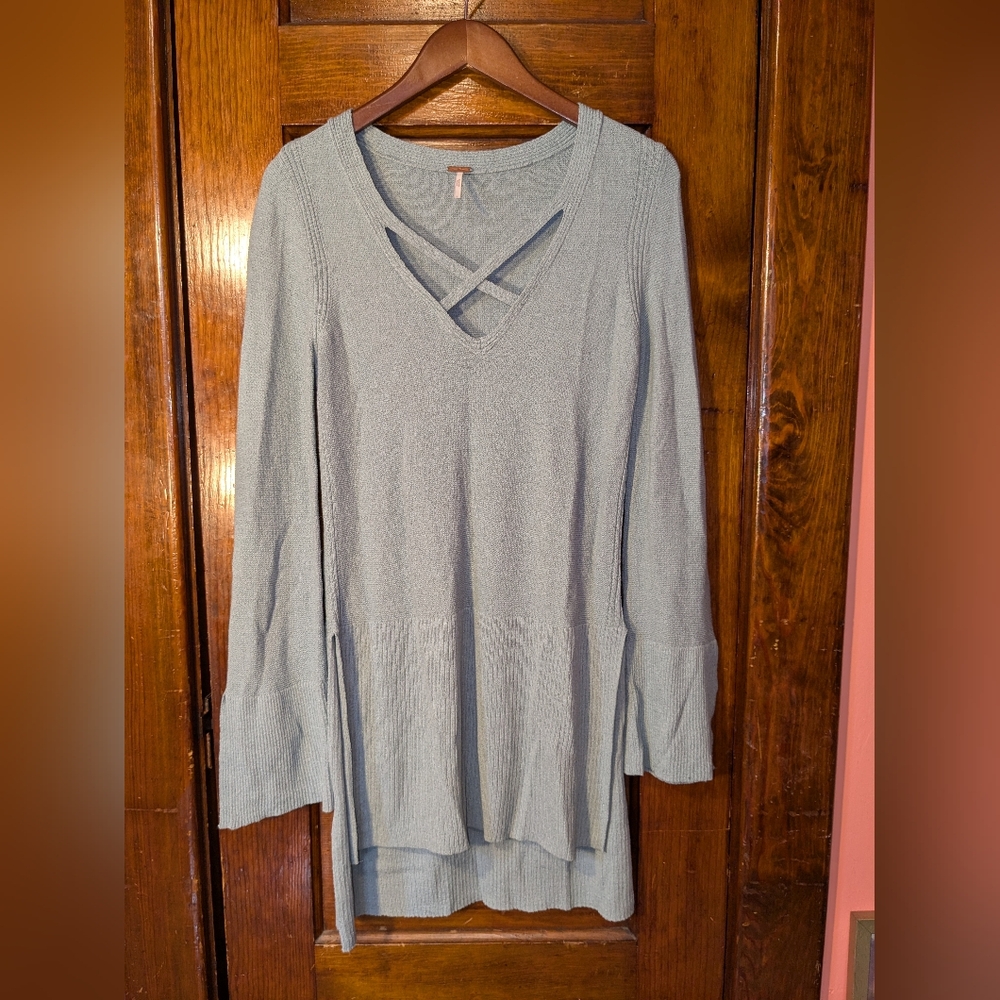 Free People Blue Grey Sweater Dress Tunic Cross Slit Small Like New We the Free